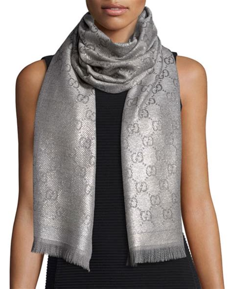 gucci shimmer gg pattern scarf silver|Gucci wool scarf women's.